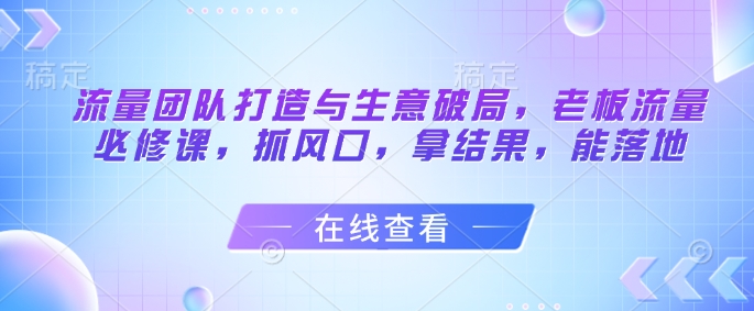 流量团队打造与生意破局，老板流量必修课，抓风口，拿结果，能落地_孤风隐库